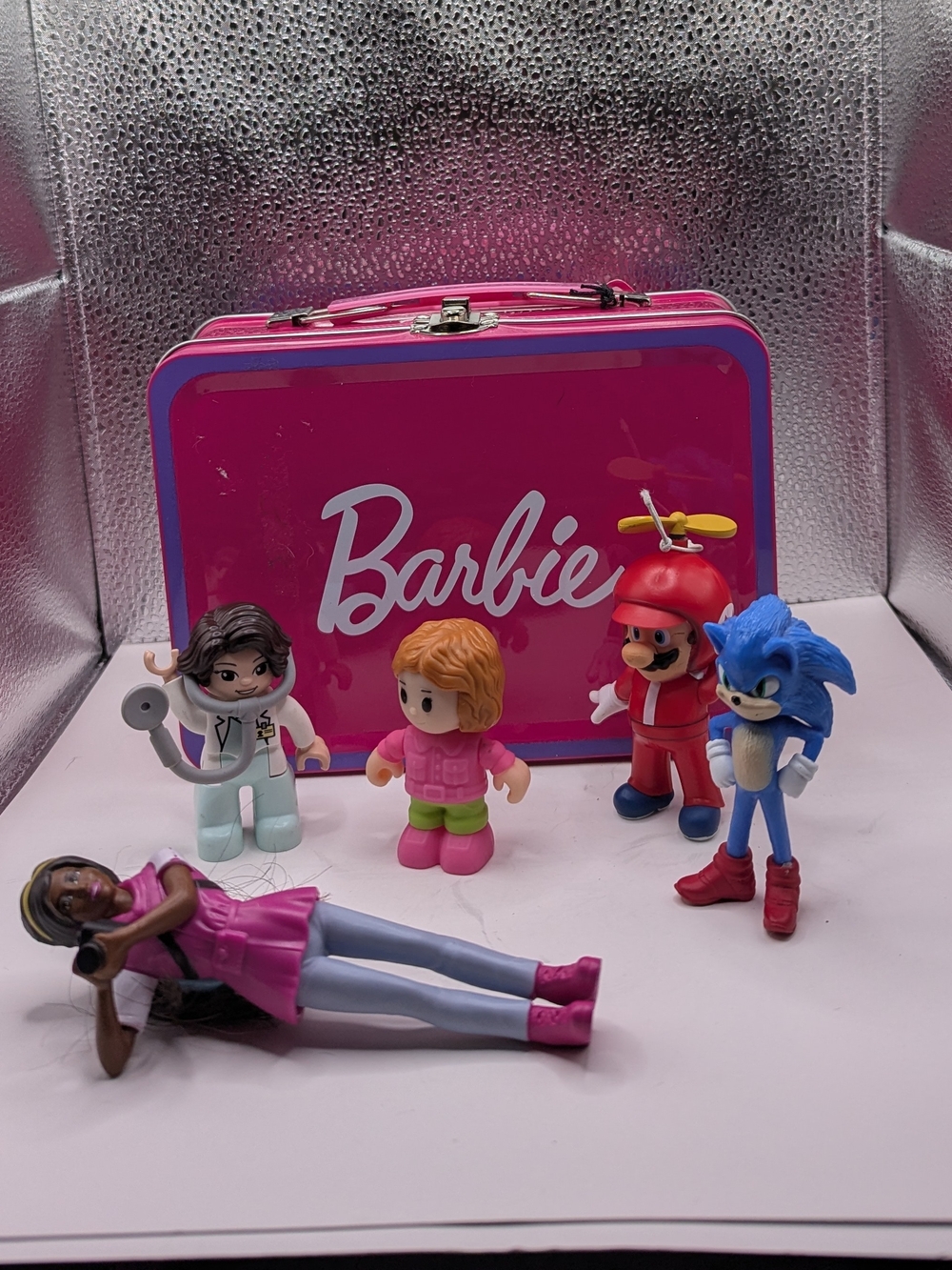Barbie Hot Pink Metal Tin Case with Mixed Toy Figures